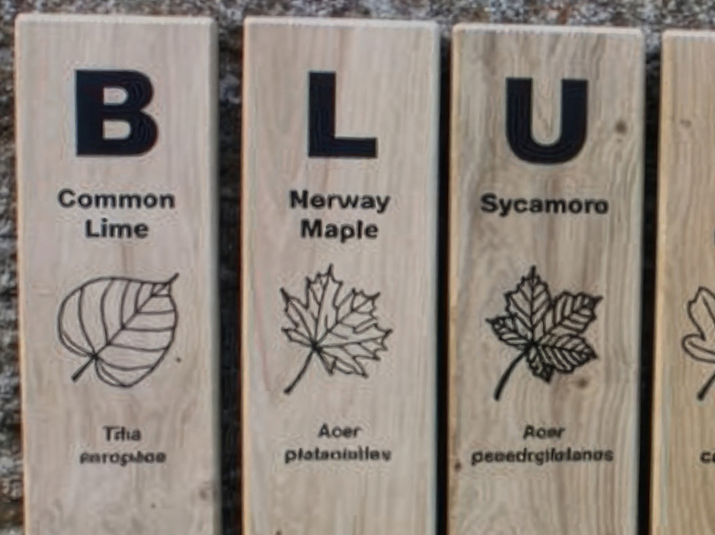 Oak monolith sign showing tree name, leaf image and anagram