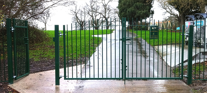 Green mesh railings and gates installed at public park