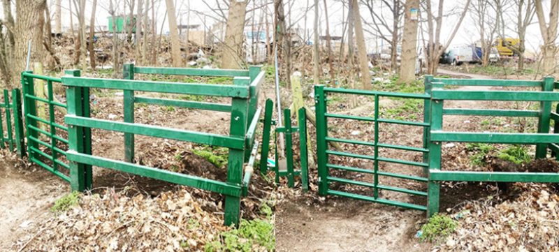 Green powder coated kissing gate installed in Hornchurch