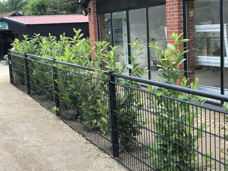 Newly installed spectator rail fencing and young laurel hedge