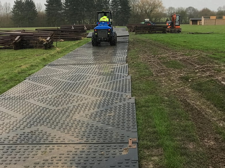 Heavy duty trackway mats supporting machinery on soft ground