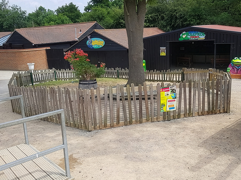 Wonky picket fence enclosing animal interaction area